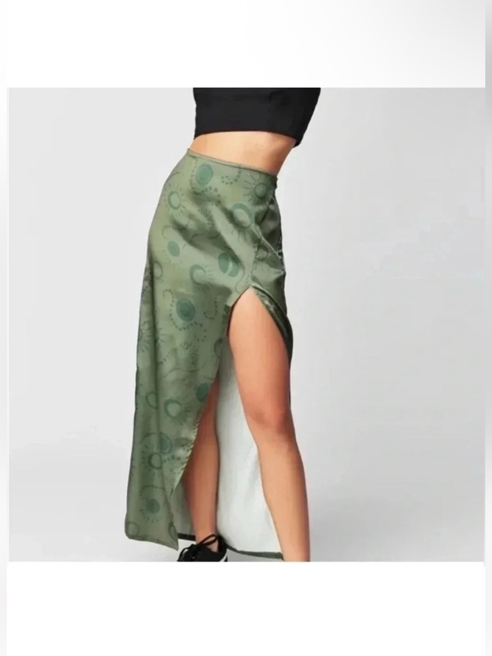 Free People Serena Satin High-Slit Skirt in Sage Green, NWT, Sz 10